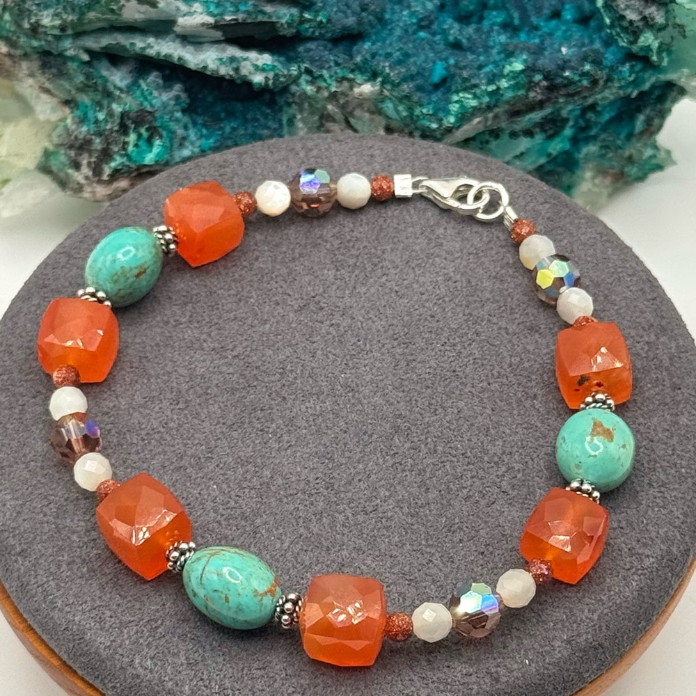 🩵REFINED Turquoise Carnelian Luxury AB Crystal MOP Sterling Bracelet🩵